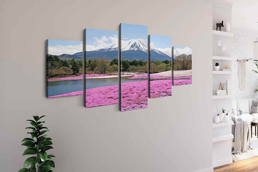 Diamond Painting 5 teilig - Pinke Blumen vor Vulkan und Wald - gedruckt in Ultra-HD - multi5