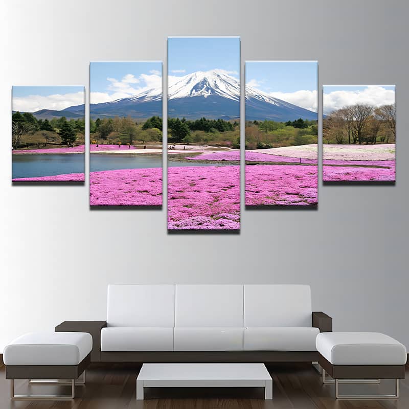 Diamond Painting 5 teilig - Pinke Blumen vor Vulkan und Wald - gedruckt in Ultra-HD - multi5