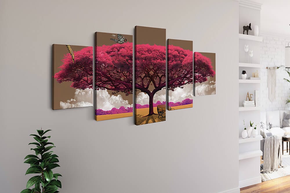 Diamond Painting 5 teilig - Pinker Baum, Bank im Schatten - gedruckt in Ultra-HD - multi5