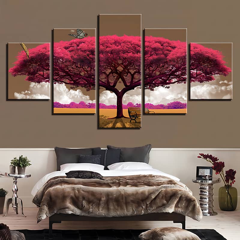 Diamond Painting 5 teilig - Pinker Baum, Bank im Schatten - gedruckt in Ultra-HD - multi5