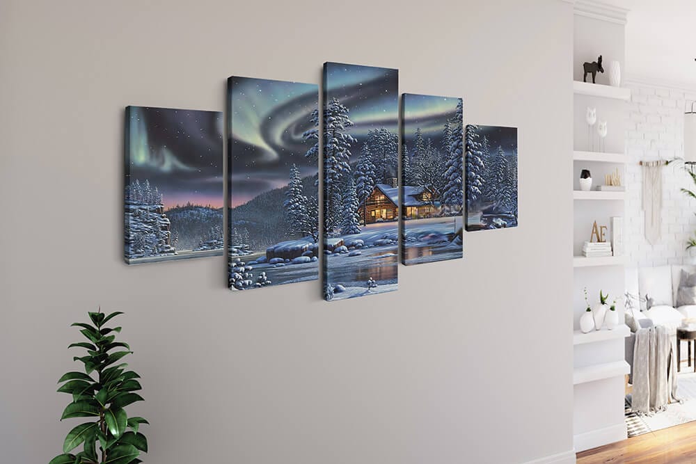 Diamond Painting 5 teilig - Polarlichter im Winterwald, Haus am Fluss - gedruckt in Ultra-HD - multi5