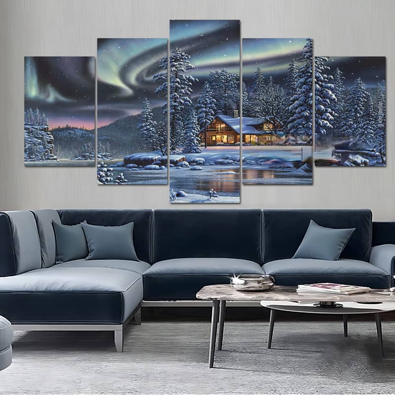 Diamond Painting 5 teilig - Polarlichter im Winterwald, Haus am Fluss - gedruckt in Ultra-HD - multi5