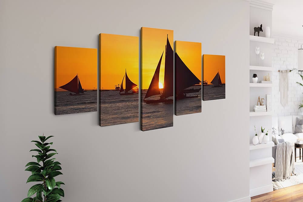 Diamond Painting 5 teilig - Segelschiffe im Sonnenuntergang, Ozean - gedruckt in Ultra-HD - multi5