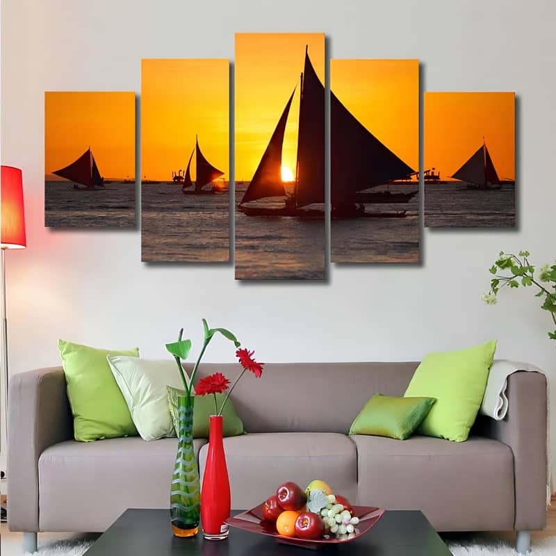 Diamond Painting 5 teilig - Segelschiffe im Sonnenuntergang, Ozean - gedruckt in Ultra-HD - multi5