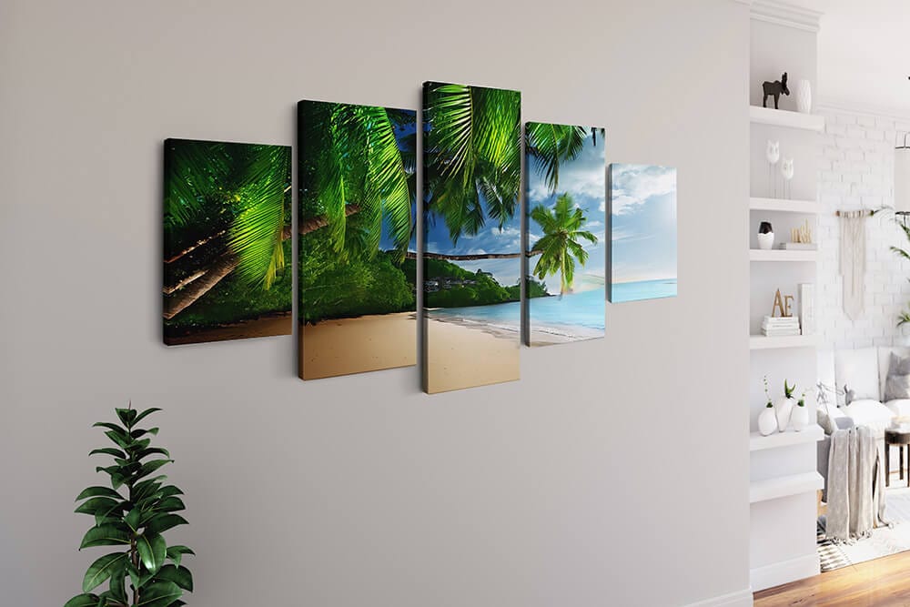 Diamond Painting 5 teilig - Traumhafter Sandstrand mit Palmen - gedruckt in Ultra-HD - multi5