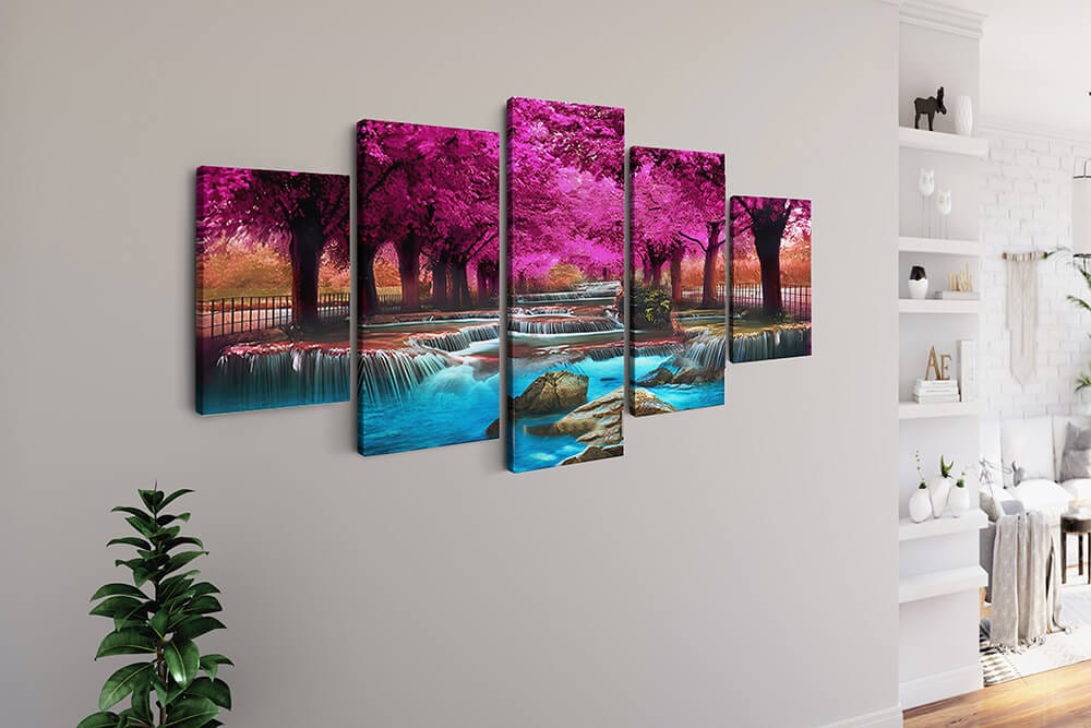 Diamond Painting 5 teilig - Wasserfallfluss zwischen pinken Bäumen - gedruckt in Ultra-HD - multi5