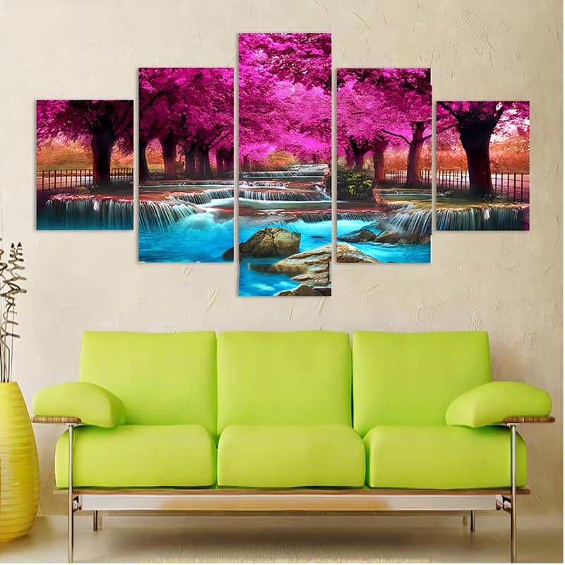 Diamond Painting 5 teilig - Wasserfallfluss zwischen pinken Bäumen - gedruckt in Ultra-HD - multi5