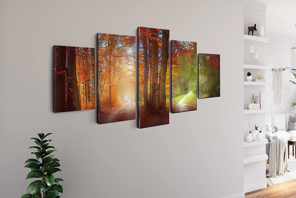 Diamond Painting 5 teilig - Zwei Wege durch einen Herbstwald und Sommerwald - gedruckt in Ultra-HD - multi5