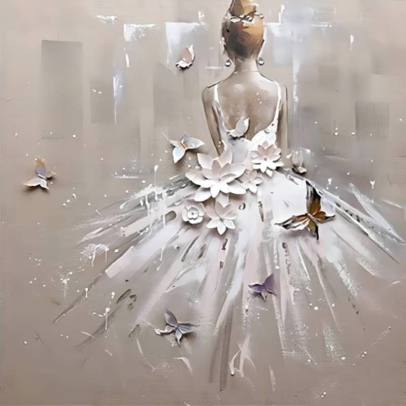 Diamond Painting - Frau mit weißem Kleid, Schmetterlinge und Blumen - gedruckt in Ultra-HD - bestseller, menschen, schmetterling, startbestseller