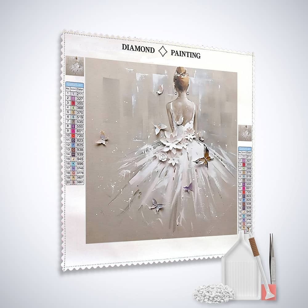 Diamond Painting - Frau mit weißem Kleid, Schmetterlinge und Blumen - gedruckt in Ultra-HD - bestseller, menschen, schmetterling, startbestseller