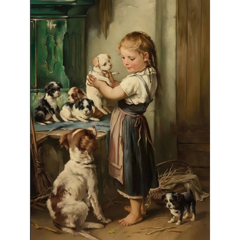 Diamond Painting - Kind mit Hundewelpen - gedruckt in Ultra-HD - bekannte künstler, hund, menschen