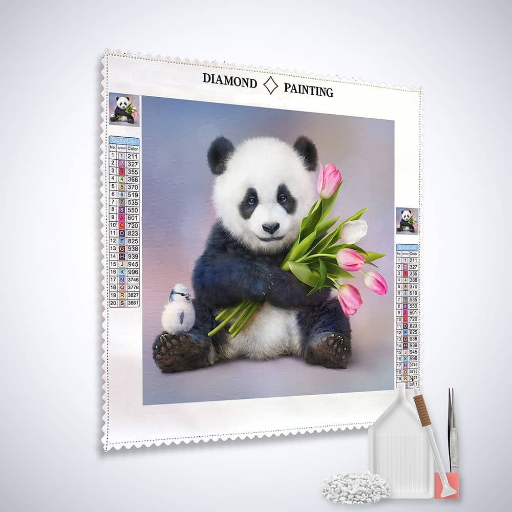 Diamond Painting - Pandabär mit Tulpenstrauß - gedruckt in Ultra-HD - panda, tiere, tulpen