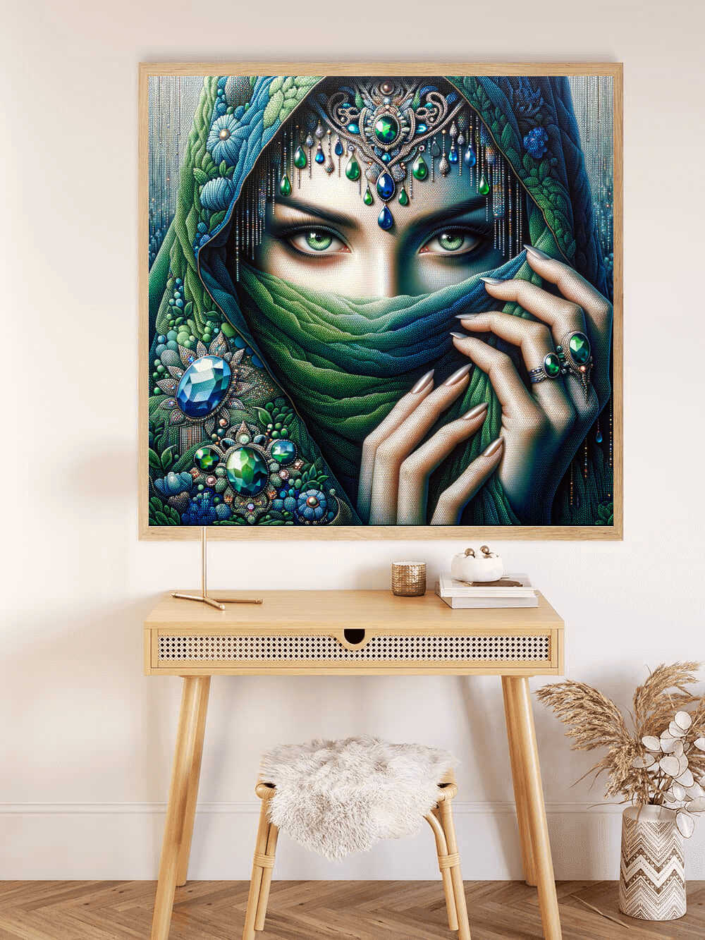 Diamond Painting - Frau mit Tuch, grün und blau