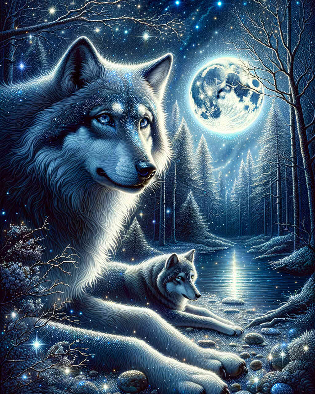 Diamond Painting - Wolfspaar bei Mondschein