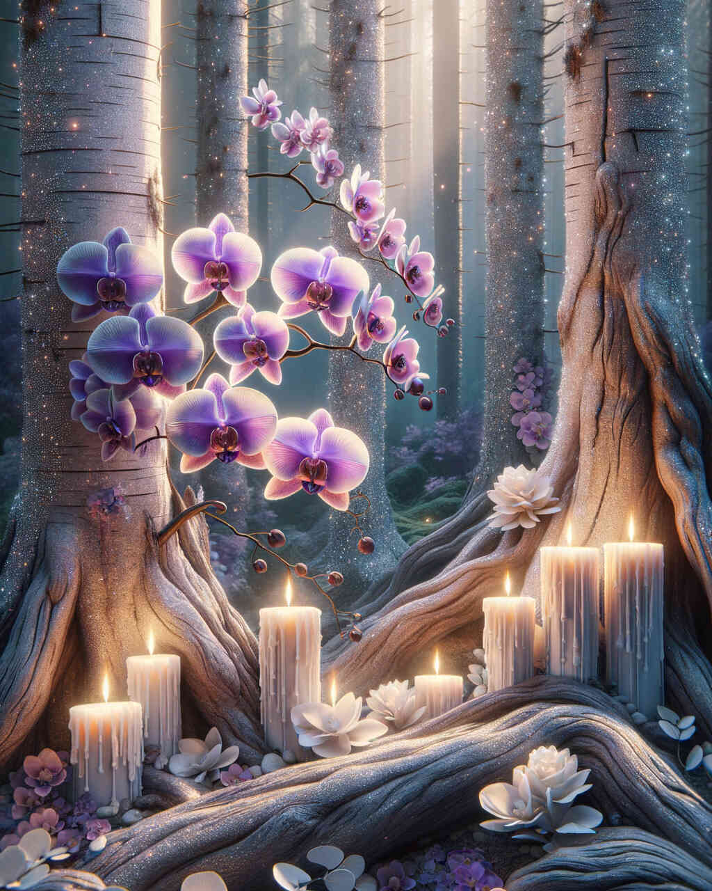 Diamond Painting - Baumstämme und Orchideen