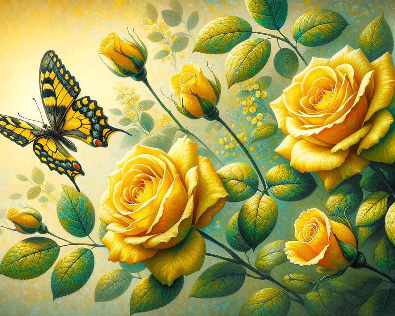 Diamond Painting - Zwei gelbe Rosen, Schmetterling