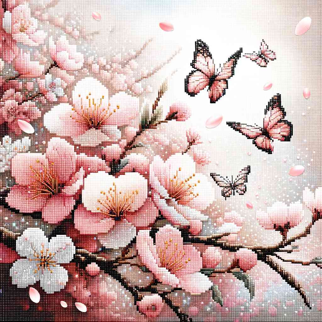 Diamond Painting - Schmetterling und Blumen in rosa