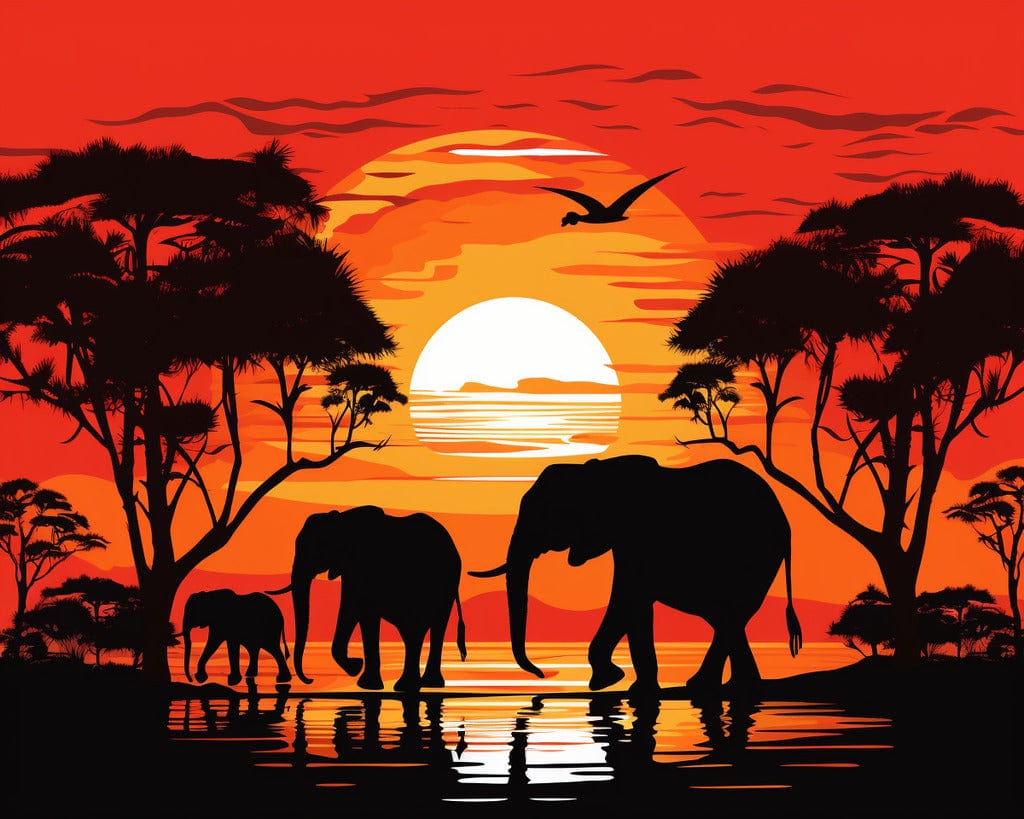 Afrikanische Elefantenherde im Sonnenuntergang