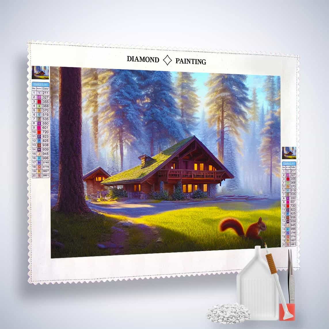 Diamond Painting - Eichhörnchen am Waldhaus - gedruckt in Ultra-HD - Horizontal, Landschaft, Tiere