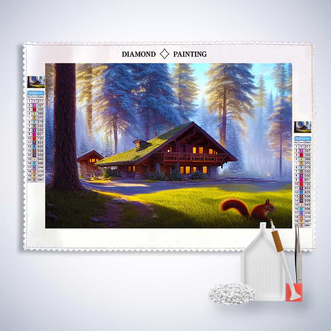 Diamond Painting - Eichhörnchen am Waldhaus - gedruckt in Ultra-HD - Horizontal, Landschaft, Tiere