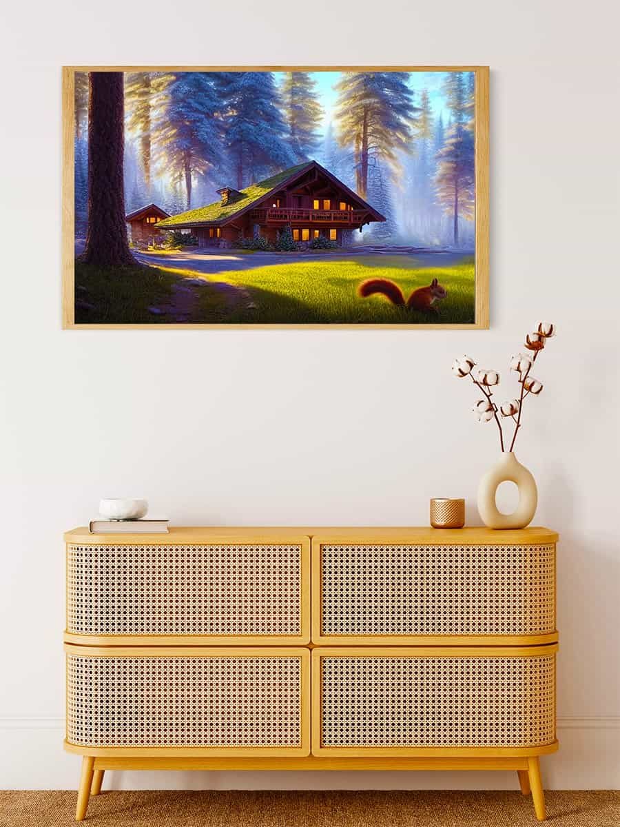 Diamond Painting - Eichhörnchen am Waldhaus - gedruckt in Ultra-HD - Horizontal, Landschaft, Tiere