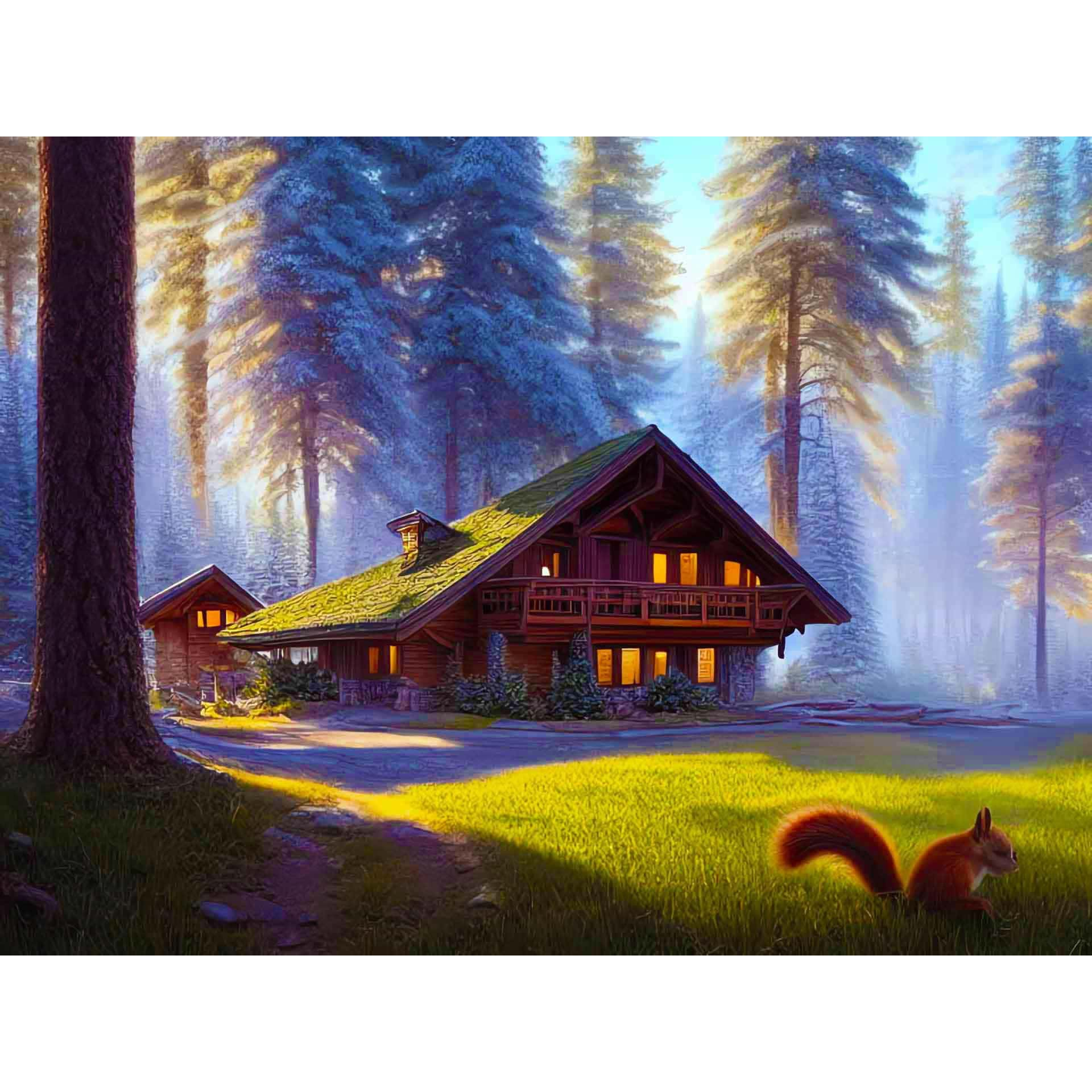 Diamond Painting - Eichhörnchen am Waldhaus - gedruckt in Ultra-HD - Horizontal, Landschaft, Tiere