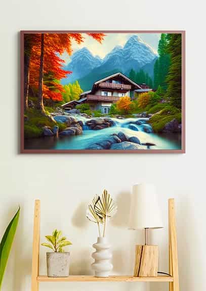 Diamond Painting - Haus am wilden Bächlein - gedruckt in Ultra-HD - Berge, Horizontal, Landschaft, Wald