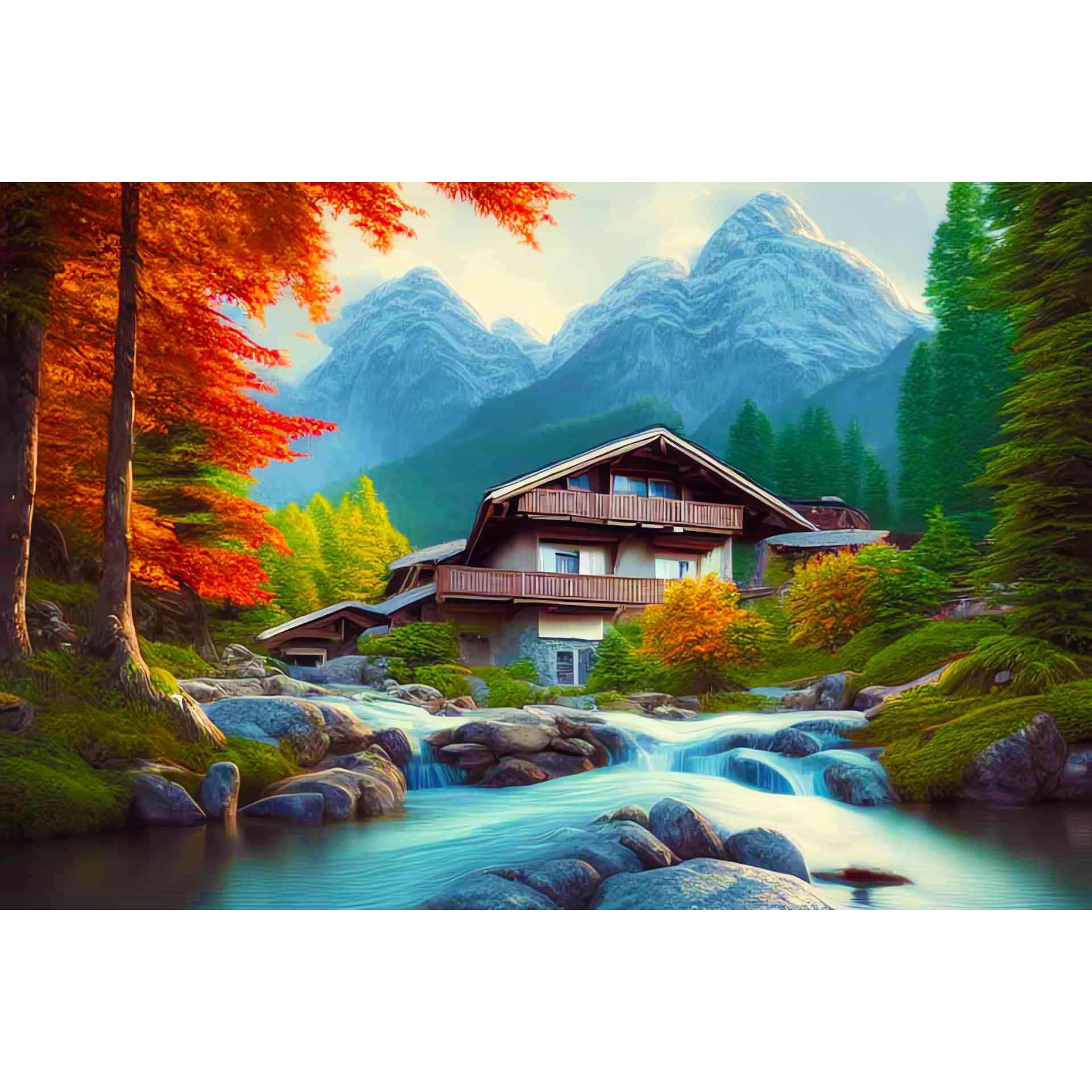 Diamond Painting - Haus am wilden Bächlein - gedruckt in Ultra-HD - Berge, Horizontal, Landschaft, Wald