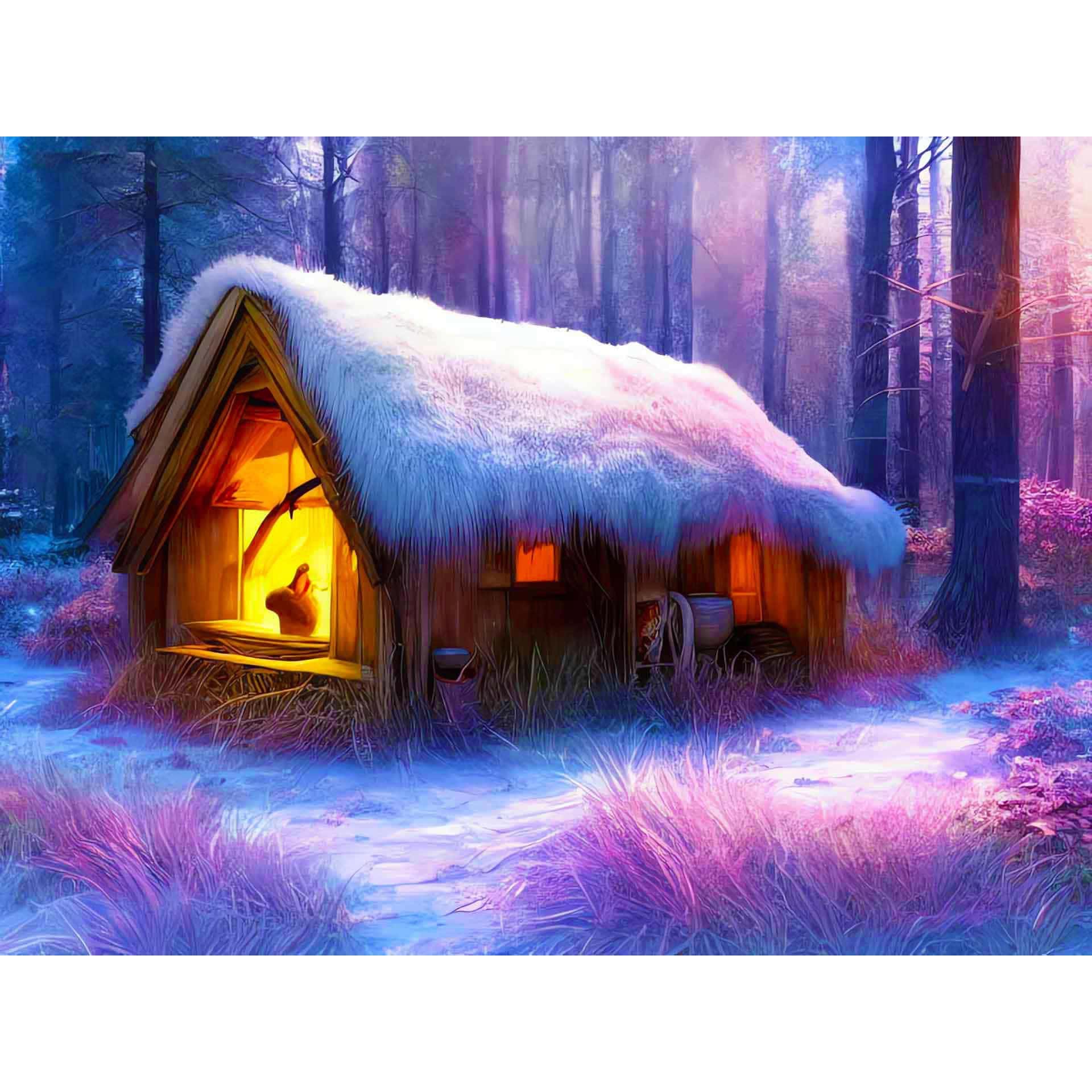 Diamond Painting - Hütte im Schnee - gedruckt in Ultra-HD - Horizontal, Wald, Winter