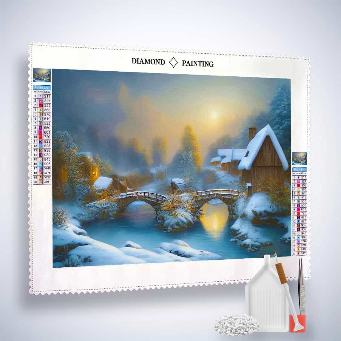 Diamond Painting - Winterdorf im Sonnenuntergang - gedruckt in Ultra-HD - Horizontal, Landschaft, Winter