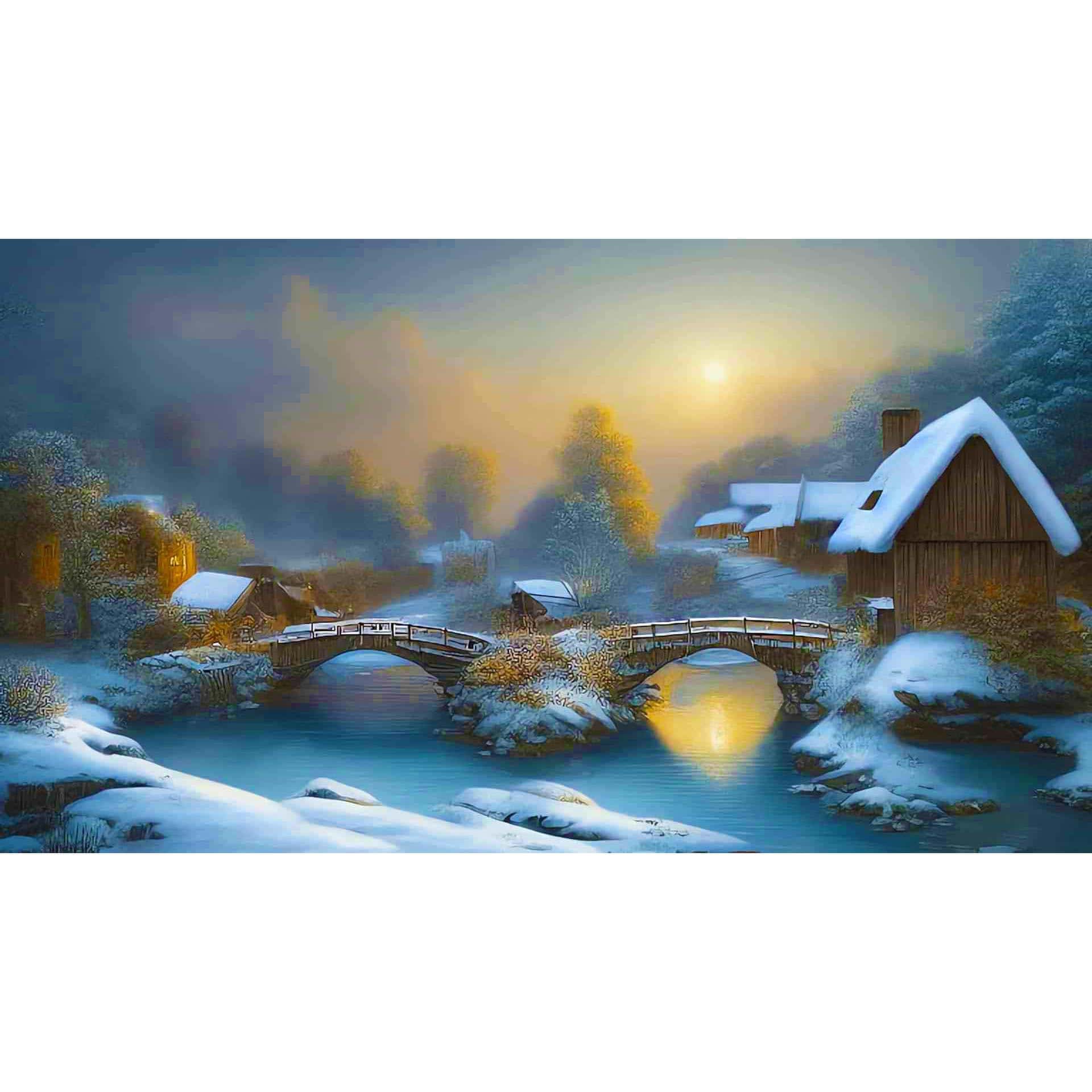 Diamond Painting - Winterdorf im Sonnenuntergang - gedruckt in Ultra-HD - Horizontal, Landschaft, Winter
