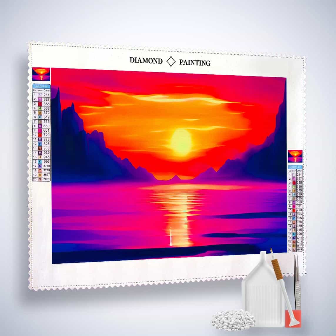 Diamond Painting - Berge Meer und Sonnenaufgang - gedruckt in Ultra-HD - Berge, Horizontal, Meer