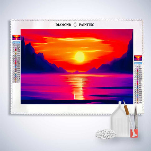 Diamond Painting - Berge Meer und Sonnenaufgang - gedruckt in Ultra-HD - Berge, Horizontal, Meer