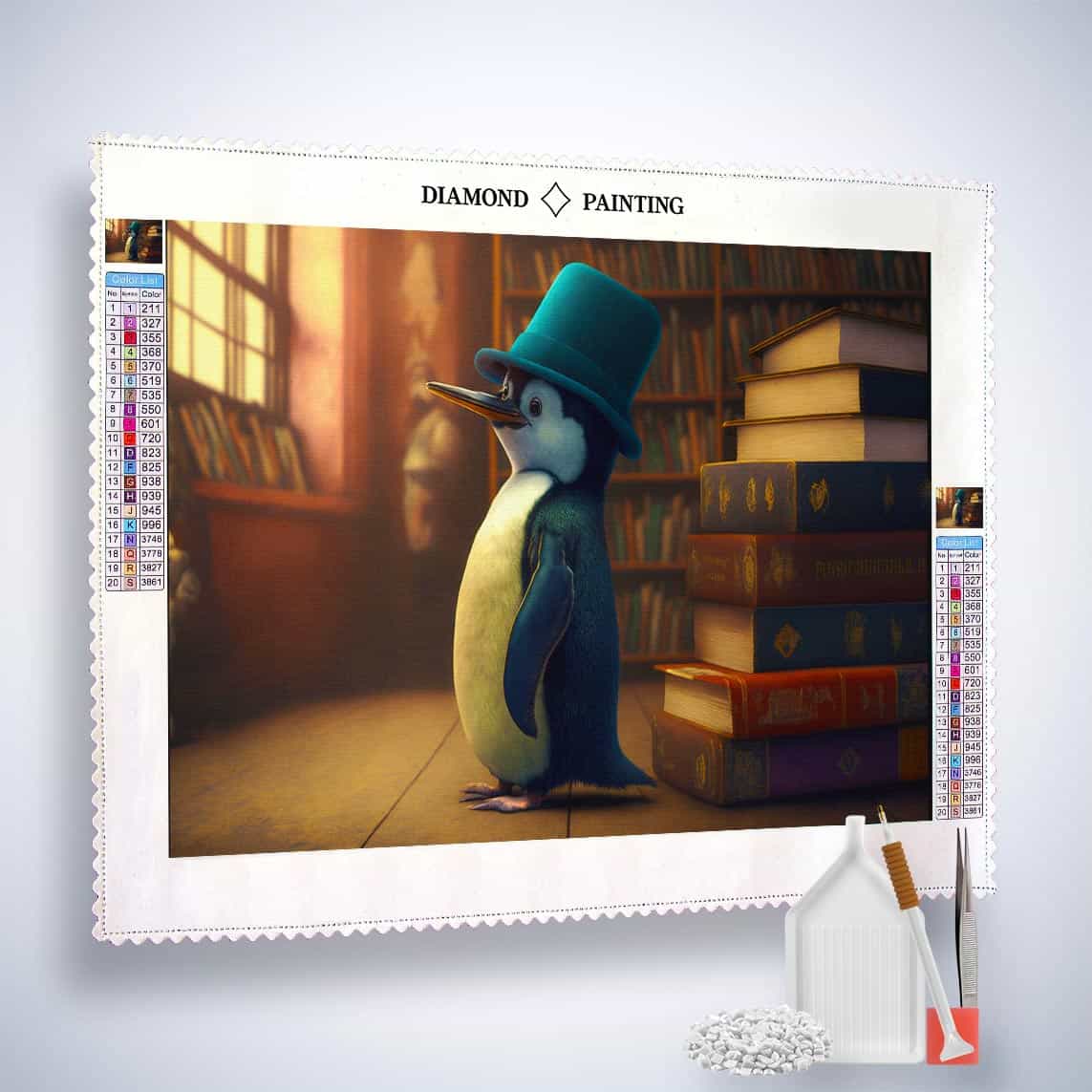 Diamond Painting - Pinguin mit Hut - gedruckt in Ultra-HD - Horizontal, Pinguin, Tiere