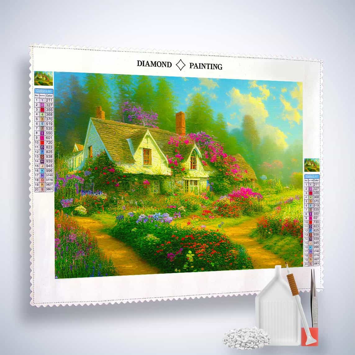 Diamond Painting - Blumiges Waldcottage - gedruckt in Ultra-HD - Horizontal, Natur, Wald
