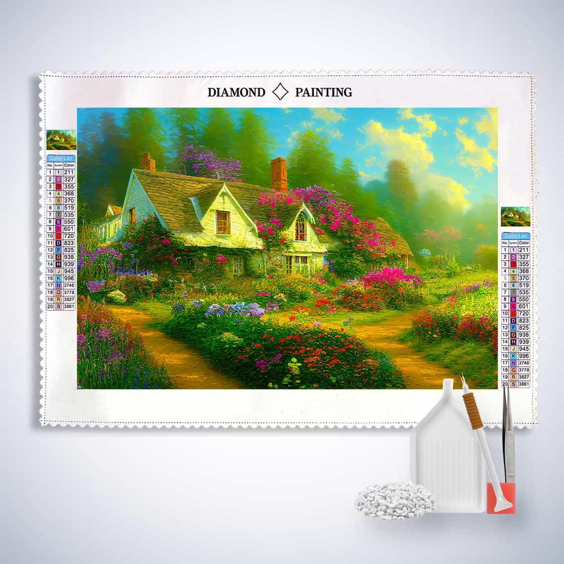 Diamond Painting - Blumiges Waldcottage - gedruckt in Ultra-HD - Horizontal, Natur, Wald