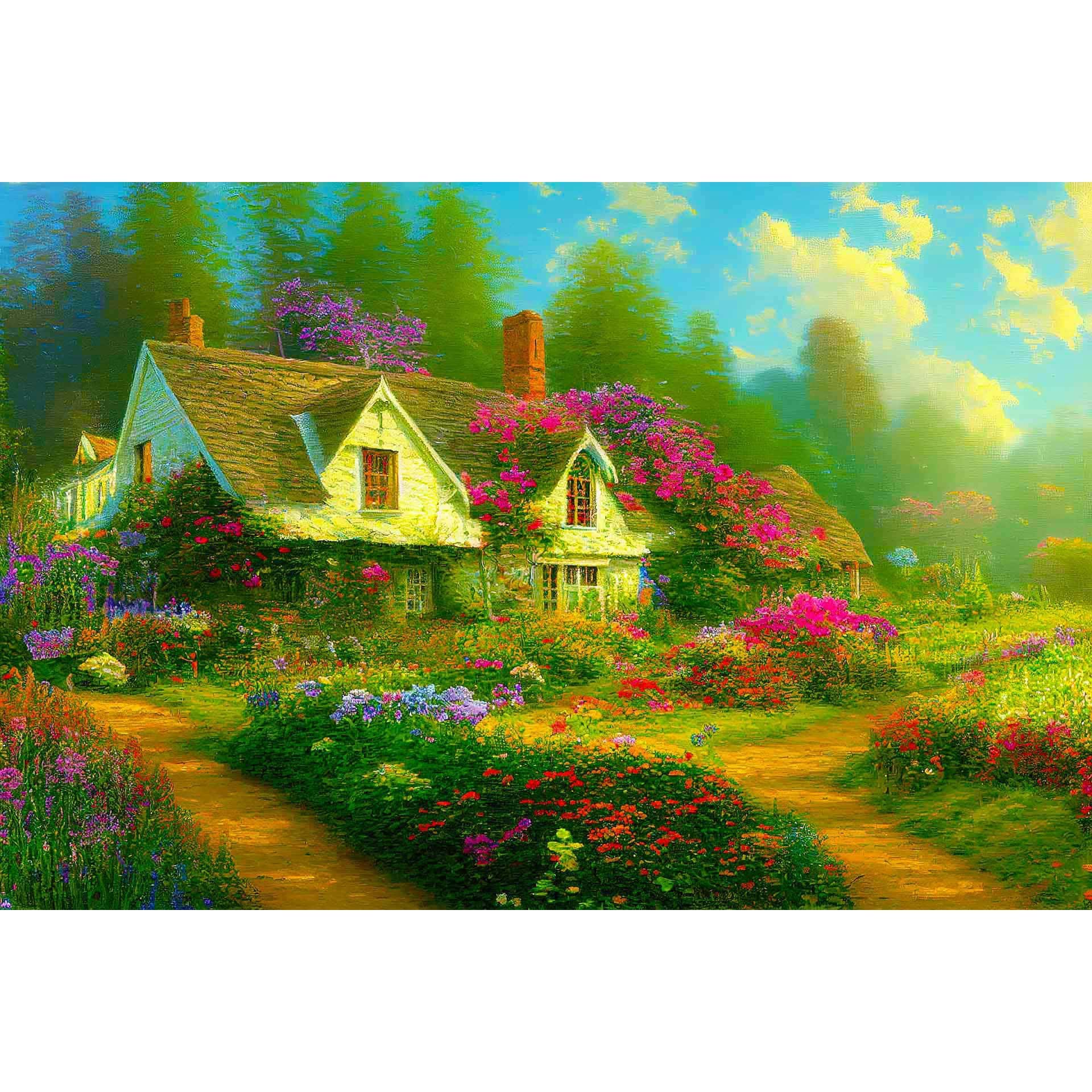 Diamond Painting - Blumiges Waldcottage - gedruckt in Ultra-HD - Horizontal, Natur, Wald