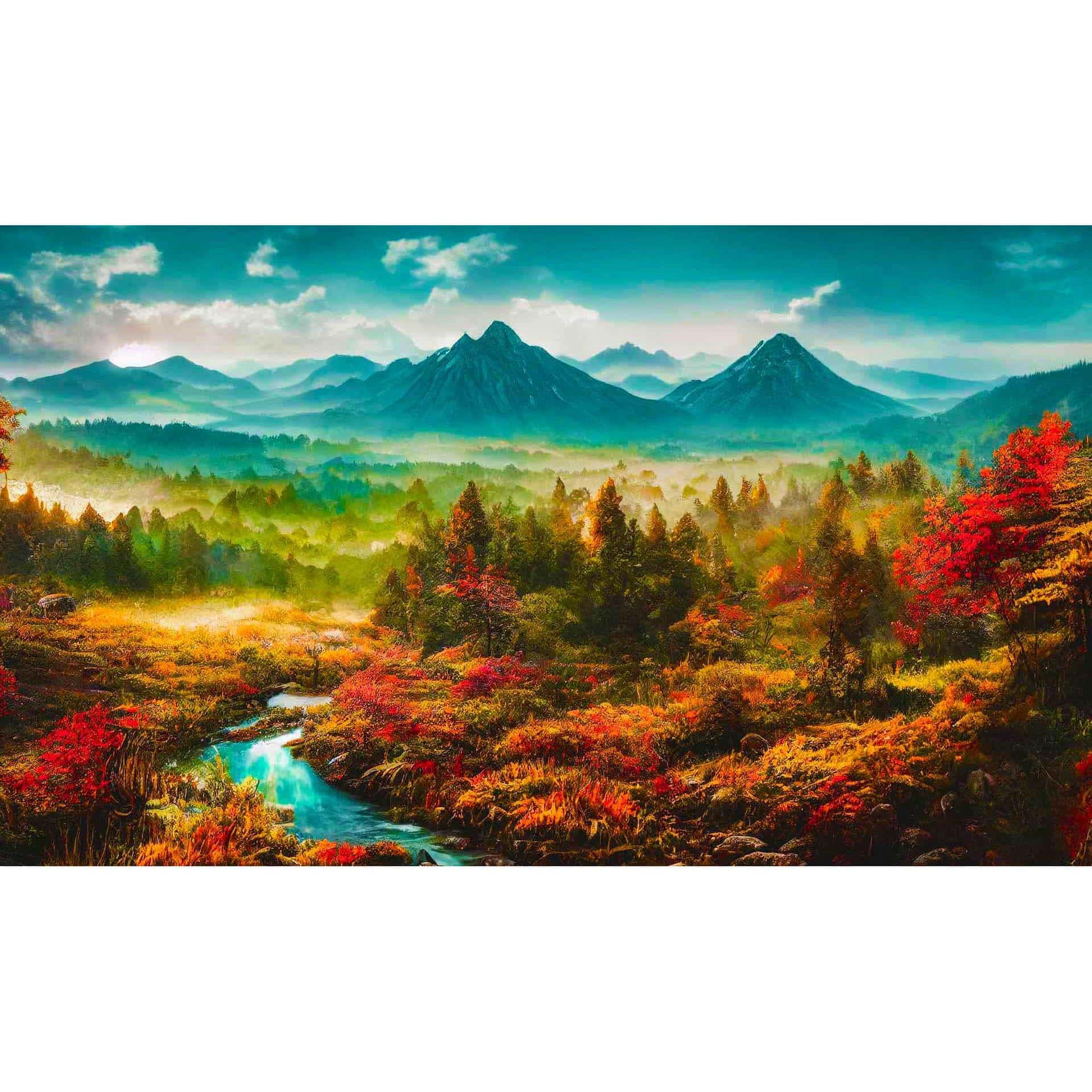 Diamond Painting - Nadelwaldgebirge - gedruckt in Ultra-HD - Berge, Fluss, Horizontal, Landschaft, Wald