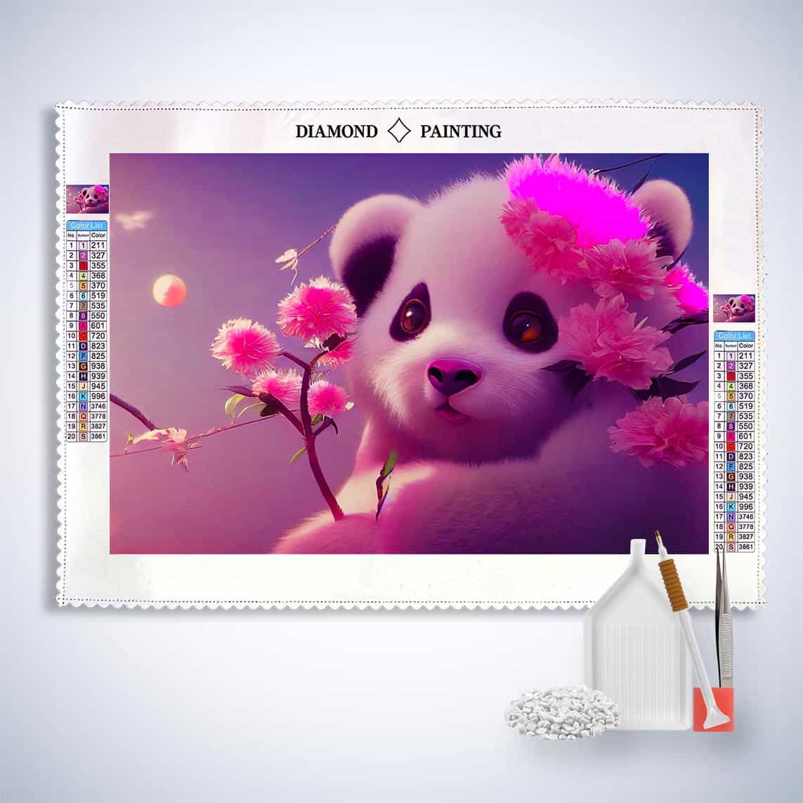 Diamond Painting - Pandabär mit Pinken Blumen - gedruckt in Ultra-HD - Blumen, Horizontal, Panda, Tiere