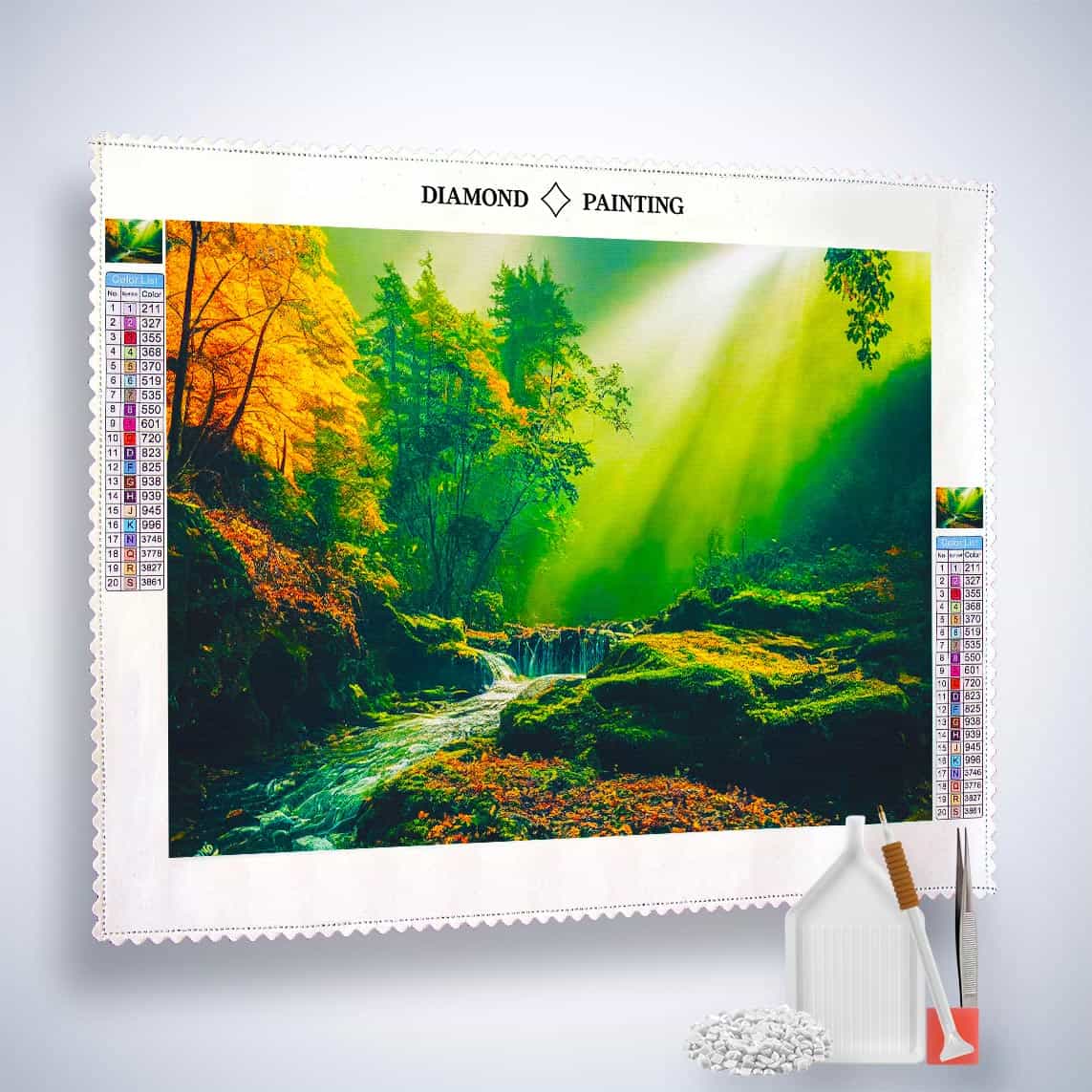 Diamond Painting - Sonnenstrahlen am felsigen Fluss - gedruckt in Ultra-HD - Fluss, Horizontal, Landschaft