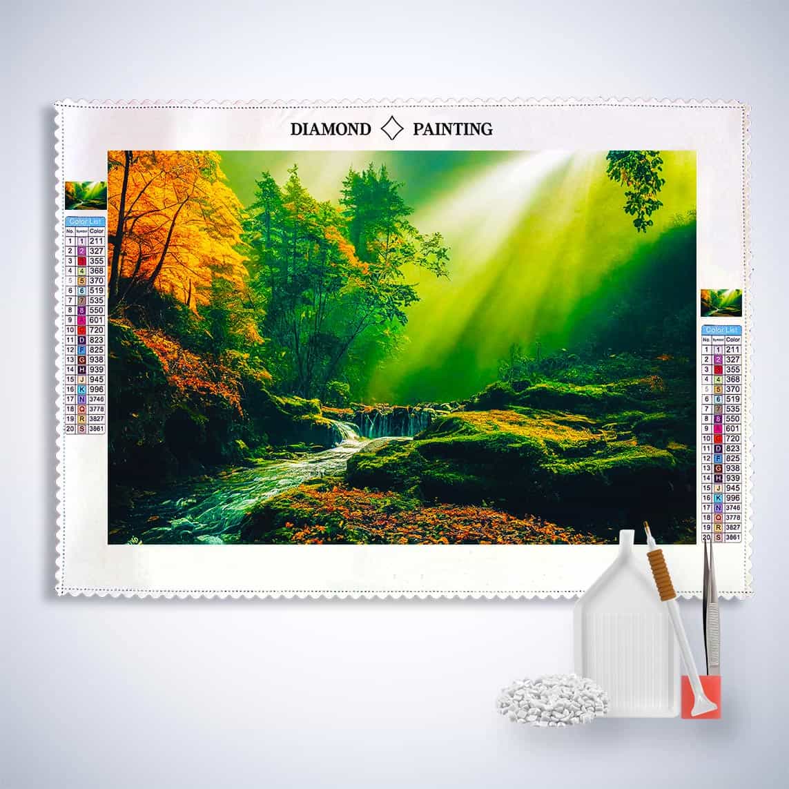 Diamond Painting - Sonnenstrahlen am felsigen Fluss - gedruckt in Ultra-HD - Fluss, Horizontal, Landschaft